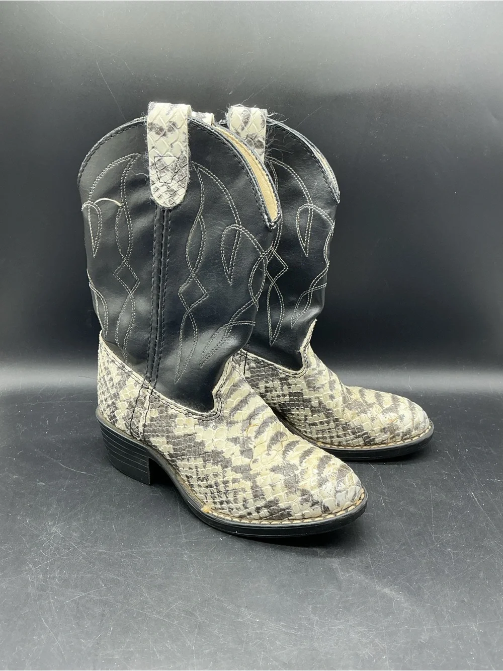 Kids Black and Gray Snake-Print Western Boots Bronco Vintage Y2K
